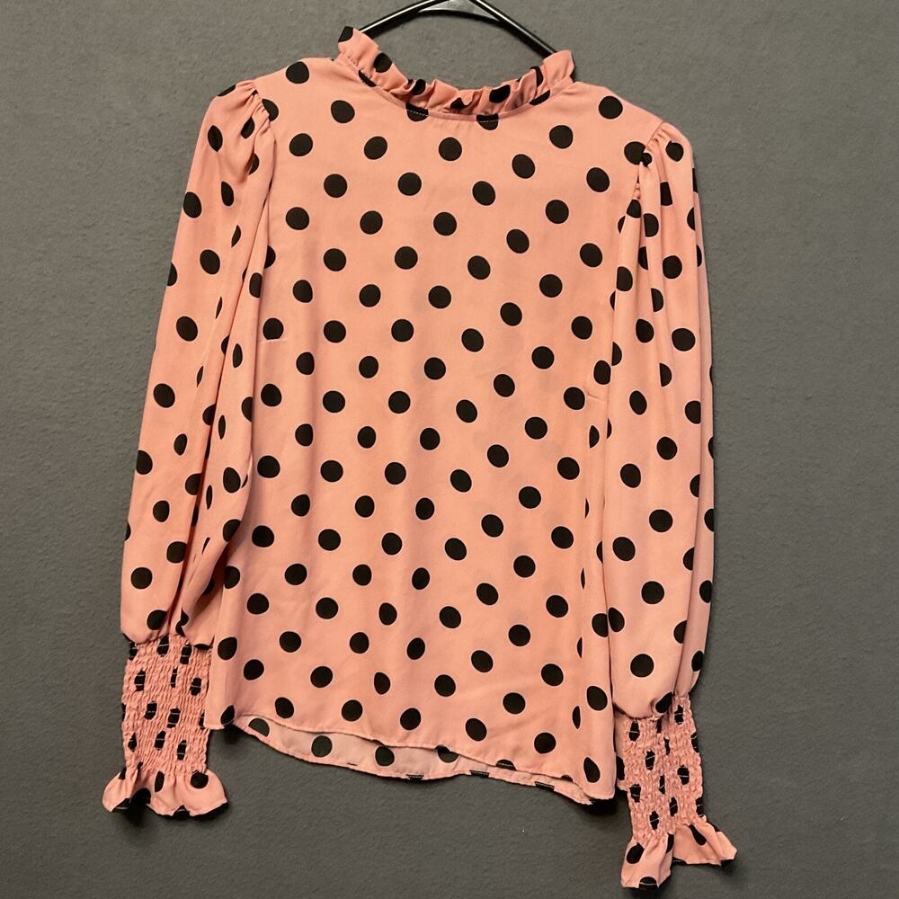 Haute Monde Pink Polka‎ Dot Blouse Small Ruffle Neck Smocked Cuff Romantic Top